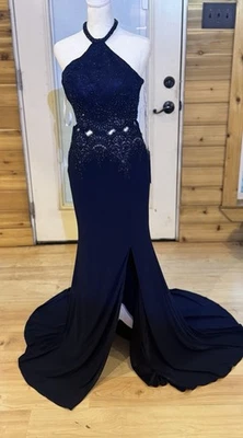 Vestido de Noche Mon Cheri Azul Marino Con Cuentas Talla 8 Nuevo con Etiquetas Foto 1 de 4