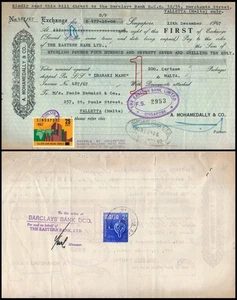 SINGAPORE MALTA 1967, BILL OF EXCHANGE W/ POSTAGE STAMPS USED AS REVENUES. #D152 - Picture 1 of 3