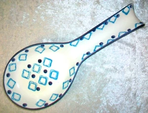 Vintage Blue Diamond Polka Dot White Folk Art Pottery Kitchen Cooking Spoon Rest - Picture 1 of 12