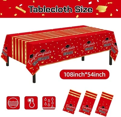 3件装毕业桌布2025毕业派对装饰红色和金色Gra... — 第 1/4 张图片