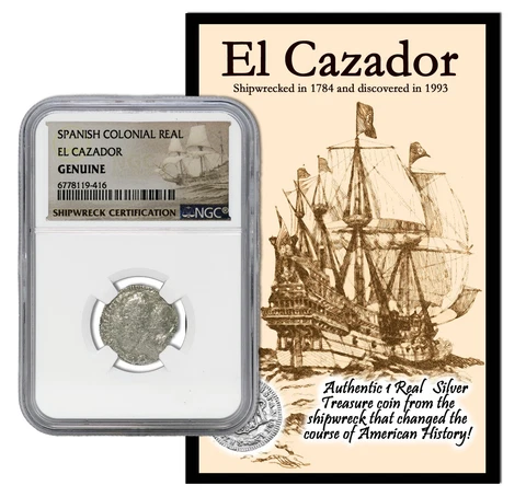 1772 - 1783 Mexico El Cazador 1 Real Silver Shipwreck Coin NGC 1R Genuine & Card Cover