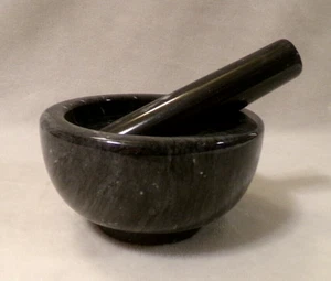 SOLID MARBLE MORTAR and PESTLE - Charcoal Gray with Light Gray Veining - Picture 1 of 8
