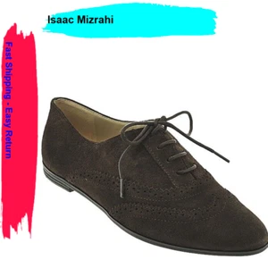 Isaac Mizrahi 'Fiona' Pinhole Lace Up Wingtip Oxford Flats Dark Brown Suede 7W - Picture 1 of 5