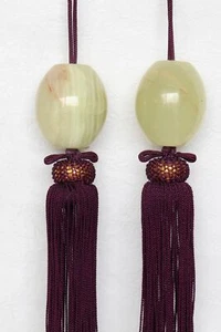 Japanese Hanging Scroll Weight Stone Oval Green Tassel Purple Fuchin Vintage - Picture 1 of 12