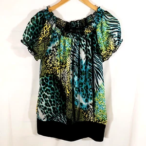IZ Byer California Women's Sz L Green Blue Blouse w/Attached Black Tank Top 2fer - Picture 1 of 10