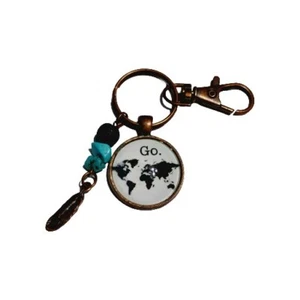 Weltkarte Schlüsselanhänger Bronze Feder blauer Stein "GO". - Bild 1 von 4