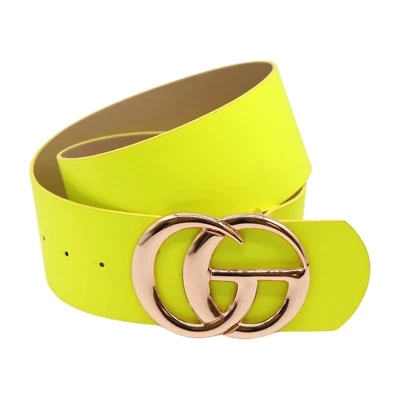 Mujeres Amarillo Neón Ancho Imitación Cuero Banda Cinturón Cadera Metal Dorado Hebilla Círculo S M Foto 1 de 4