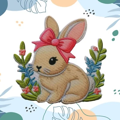 Bunny Rabbit Patch Iron-on Applique Clothing, Baby Cottontail, Pink Bow, Easter - Image 1 of 4