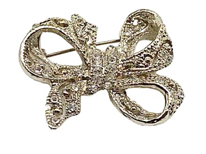 Vintage Brooch Silver Metal Marcasite Crystal Rhinestone Ribbon Retro - Picture 1 of 8