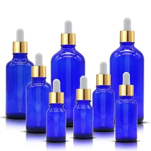 Blue Glass Dropper Bottle With GOLD Aluminium Glass Pipette For Aromatherapy Oil - Picture 1 of 4