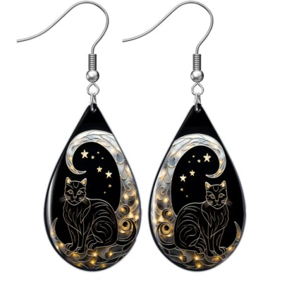 Black Cat Teardrop Earrings Crescent Moon Celestial Art Print Silver Wires - Image 1 of 4