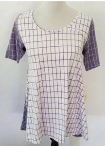 Neu Lularoe Perfect T-Shirt XXS weiß lila karierte Linien Rechtecke. - Bild 1 von 1