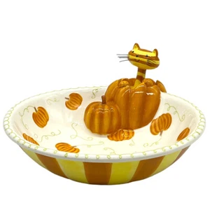 Tabby Cat Jack-O-Lantern Pumpkin Halloween Candy Dish Bowl Striped Orange Yellow - Picture 1 of 23