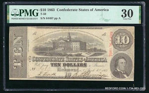 PMG VF 30 1863 $10 CONFEDERATE STATES OF AMERICA T-59 NOTE (BC87) - Picture 1 of 2