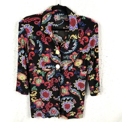 Vintage Slinky Brand Top Womens Small Black Red Floral Travel Liquid Knit Art - Image 1 of 4