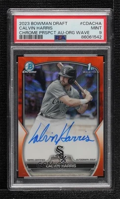 2023 Bowman Draft Orange Wave Refractor /25 Calvin Harris PSA 9 MINT Auto - Image 1 of 2