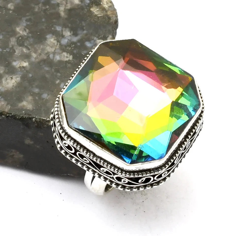 Mystic Topaz Gemstone Handmade Antique Design Ring Jewelry US Size-9 AR 26600 - Image 1 of 1
