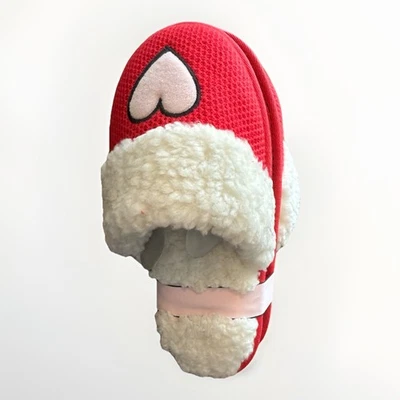 Victoria Secret Soft Red & White Fur Lined Slippers Heart & VS Logo Size L(9-10) - Image 1 of 4