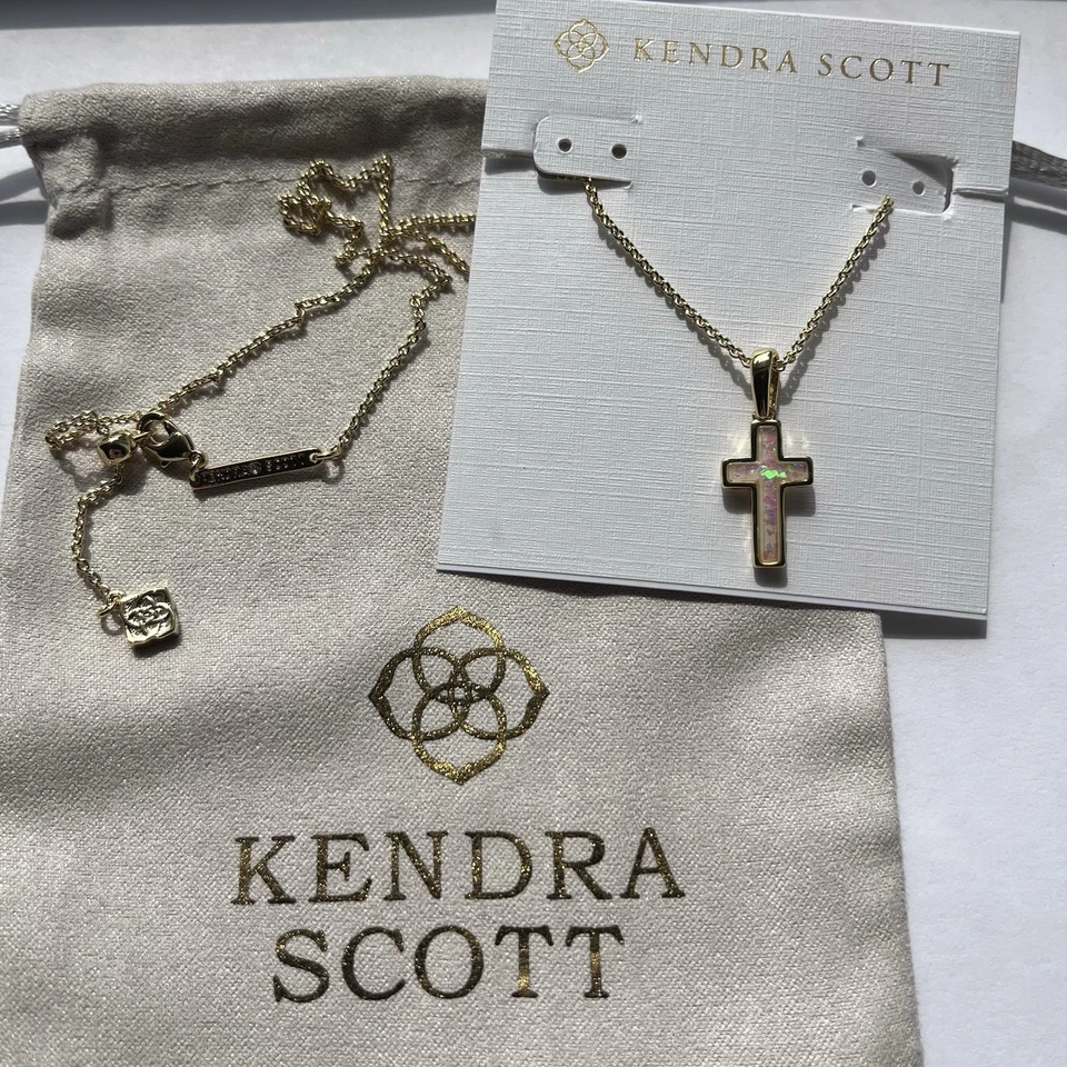 ✨Kendra Scott Cross Gold Pendant Necklace in White Kyocera Opal New ✨🕊️ - Image 1 of 4