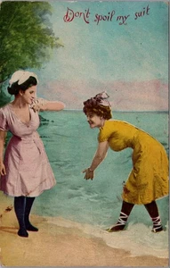 Early 1900s “Don’t Spoil My Suit” Bathing Beauties Beach Postcard - Picture 1 of 2