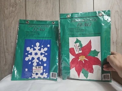 FLAGS: CHRISTMAS, Poinsetta and Snowflakes, 28" x 39", NWOT, Set of 2 FLAGS - Image 1 of 4