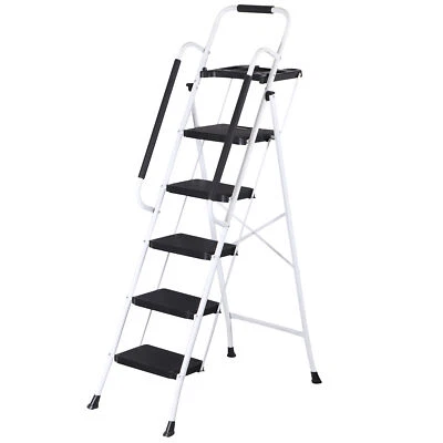 5 Step Ladder Folding Steel Step Stoo w/Non-Slip Wide Pedal and Tool Tray White - Image 1 of 4