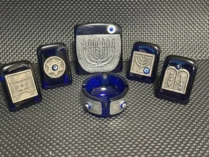 lot of 6 Blue Glass Vintage Hebrew Israel Judaica vil ye paperweight - Picture 1 of 15