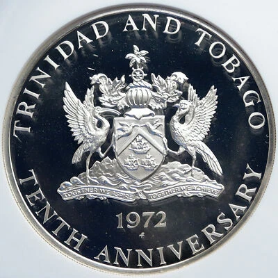 1972 TRINIDAD and TOBAGO Islands Large Vintage Proof Silver $10 Coin NGC i87842 - Image 1 of 4