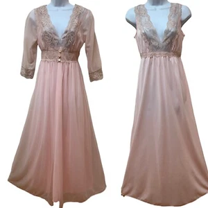 Vintage doppellagig durchsichtig Chiffon Nylon durchgehend Spitze Peignoir Kleid Morgenmantel Set rosa - Bild 1 von 11