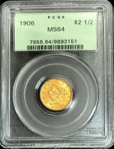 1906 GOLD US $2.50 LIBERTY HEAD QUARTER EAGLE GREEN LABEL PCGS MINT STATE 64 OGH - Picture 1 of 2