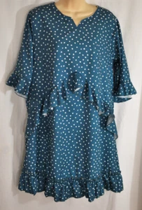 women's Cherfly teal dotted swing dress ruffles sizes large short sleeves v neck - Picture 1 of 10
