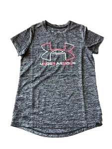 Under Armour Short Sleeve Shirt Youth Girls Size XS X-Small Gray EUC Pink Logo - Picture 1 of 12