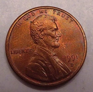 Naturally Toned 1991 LINCOLN MEMORIAL CENT PENNY-Lincoln visible on reverse - Picture 1 of 4