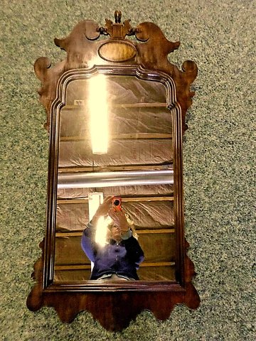 3048M Vtg 1940's Early American 23x43 Wood Wall Mirror Ornate Cherry? Detailed Cover