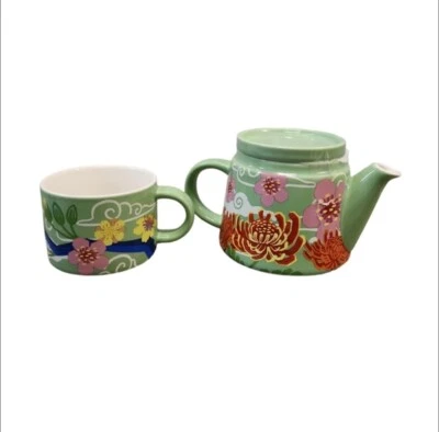 Lunar New Year 2pc Stoneware Floral Tea Infuser Teapot & Cup Set No Box Green... - Image 1 of 4