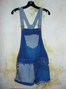 Y2K American Rag Colorblock Striped Blue White Denim Shorts Overalls Romper sz3  - Picture 1 of 6