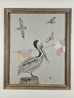 Vintage Original Illegibly Signed Charcoal Art 23x19 Wood Framed, Stork Bird