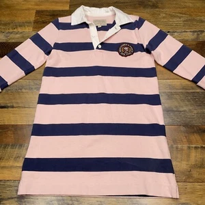 Abercrombie Fitch Polo Shirt Womens Small Petite Pink Navy Striped Rugby - Picture 1 of 12