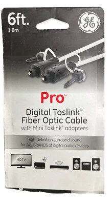 GE Pro Digital TOSLINK Fiber Optic Cable with Mini TOSLINK Adapters, 6FT 1.8m - Image 1 of 2
