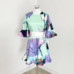 Leo Lin Illusory Mini Dress Belted Ruffle Flutter Sleeve Multicolour Size 6 New - Picture 1 of 18