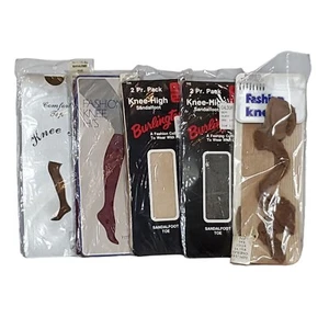 Vintage Sandalfoot Nylon Knee High Socks 7 Pair Black Beige Wine Tan - Picture 1 of 3