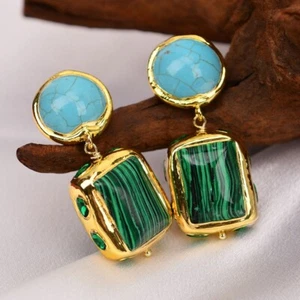 Natural Stone Green Malachite Big Blue Turquoise Stud Dangle Earrings - Picture 1 of 11
