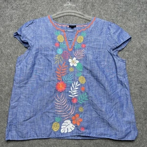 Talbots Shirt Womens XL Petite Blue Embroidered Floral Pineapple Linen Blend Top - Picture 1 of 15