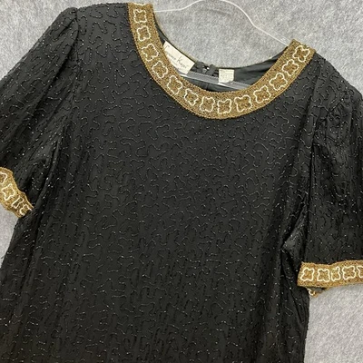 Lawrence Kazar Beaded Silk Dress Vintage 2X Black Gold Cocktail Holiday - Image 1 of 4