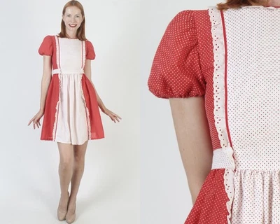 Vestido De Colección Lunares Suizos Rojo Blanco Pradera Country Delantal Puff Slv Mini Solero Foto 1 de 4