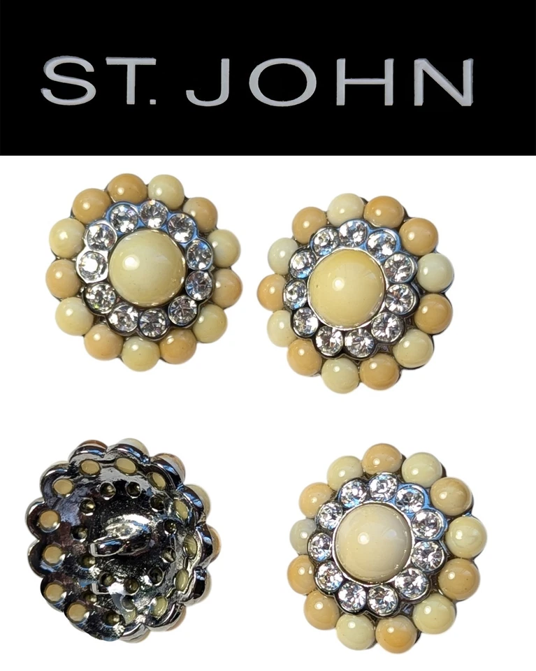 St John Knits 1.0 Inch Silver Tone White & Cream & Crystal Replacement Buttons - Image 1 of 1