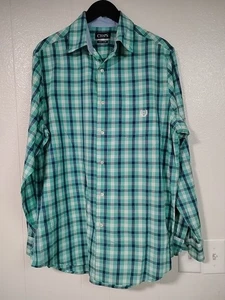 CHAPS Easy Care Blue Green Gingham Plaid Shirt Mens LT Button Up Long Sleeve - Picture 1 of 10