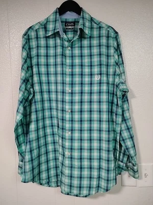 CHAPS Easy Care Blue Green Gingham Plaid Shirt Mens LT Button Up Long Sleeve - Image 1 of 4