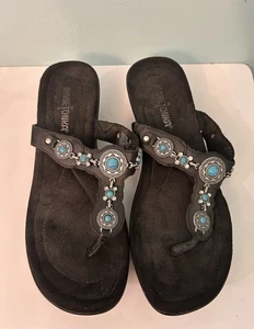 Minnetonka Black Wedge Sandals Turquoise Accent Straps Southwestern Boho SZ 7 - Picture 1 of 7