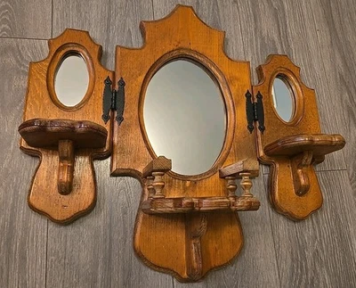 Vintage Wooden Triptych Mirror w/ Shelves Farmhouse Cottagecore Wall Decor - Image 1 of 4
